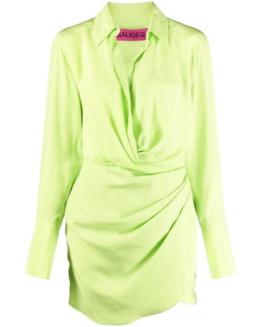 GAUGE81 Green Naha Draped Silk Mini Shirt Dress