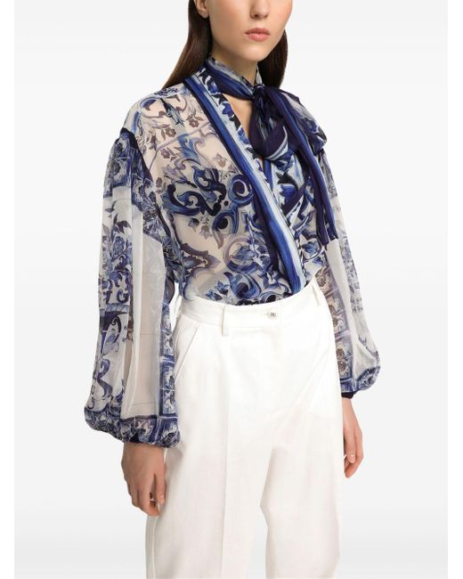 Dolce & Gabbana Blue Tie-neck Silk Blouse