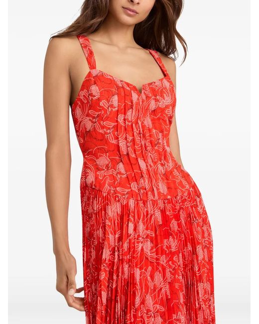 Cinq À Sept Red Botanical Floral Pascual Pleated Midi Dress