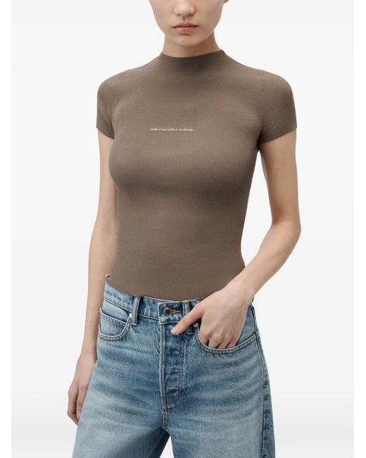 Alexander Wang Brown Ribbed-Knit Jacquard-Logo Top
