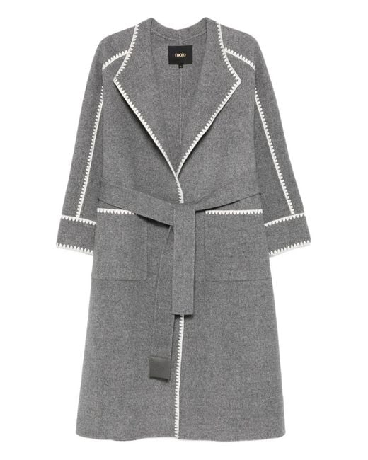 Maje Gray Embroidered-Trimmed Belted Coat