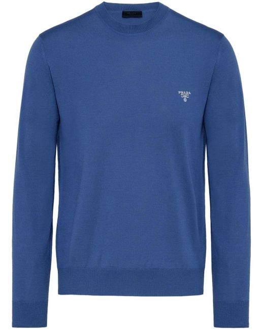 Prada Blue Logo-embroidered Virgin Wool Jumper for men