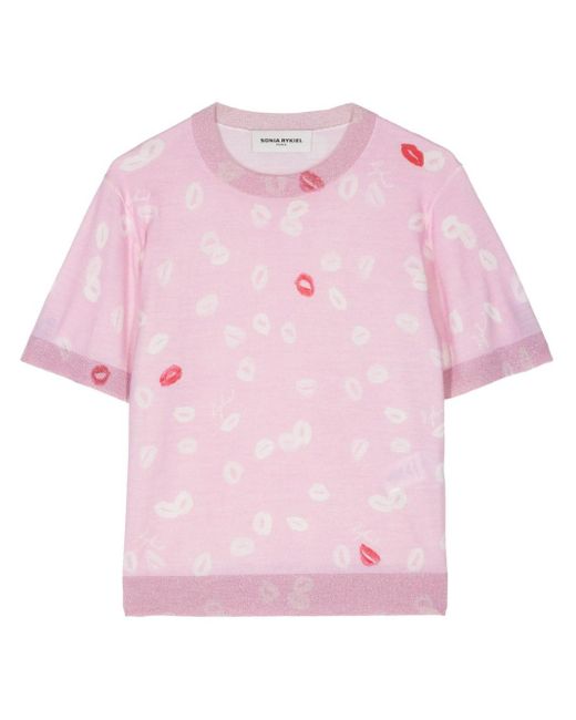 Sonia Rykiel Pink Mouth-print Knitted T-shirt