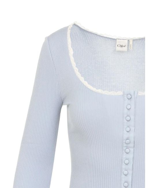 Chloé Blue Lace-Trimmed Button Top