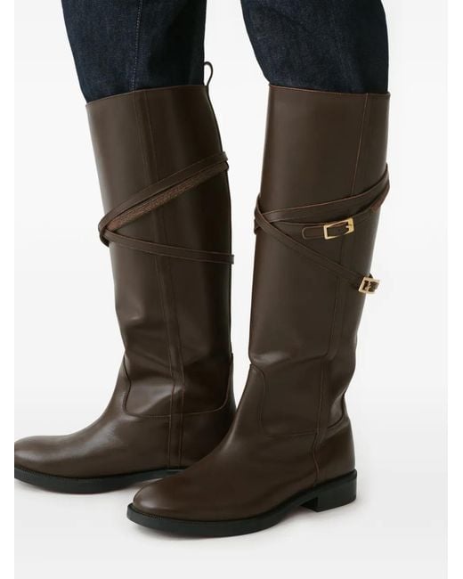 Fabiana Filippi Brown Buckle-Strap Leather Knee-High Boots
