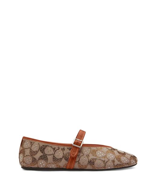 COACH Brown Mary Jane Buckle Pattern Ballet Flats
