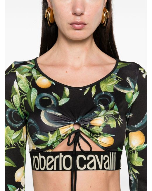 Roberto Cavalli Black Lemon-print Crop Top