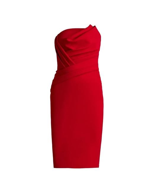 Tadashi Shoji Red Pique Draped Strapless Midi Dress