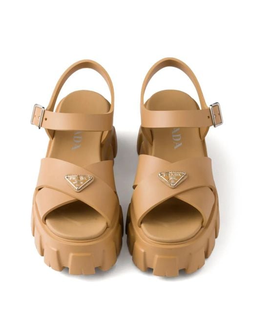 Prada Brown Monolith Sandalen Mit Emailliertem Triangel-Logo