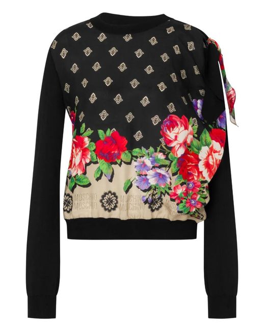 Moschino Black Floral-Pattern Bow-Detail Sweater