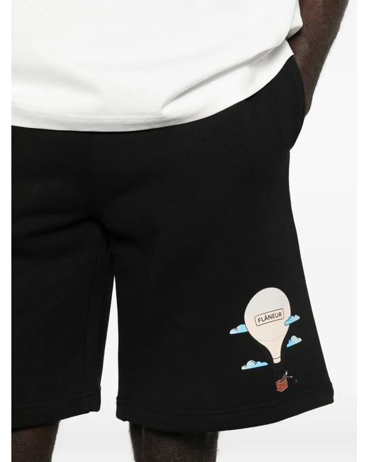 flâneur Black Aéronautique Drawstring Graphic Shorts for men