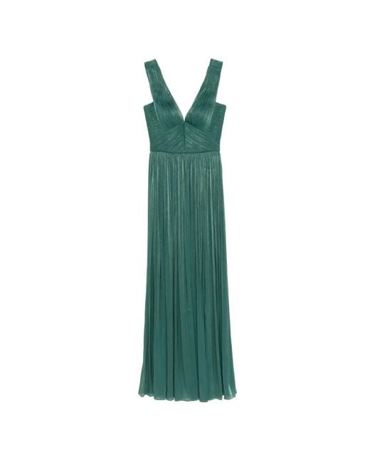 Costarellos Green Anilia Pleated V-Neck Maxi Dress