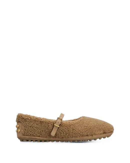 Tod's White Buckle-Strap Shearling Ballet Flats