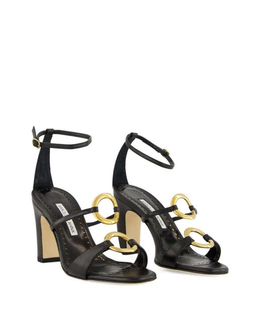 Manolo Blahnik Black 90Mm Leather Ankle-Strap Ring Sandals