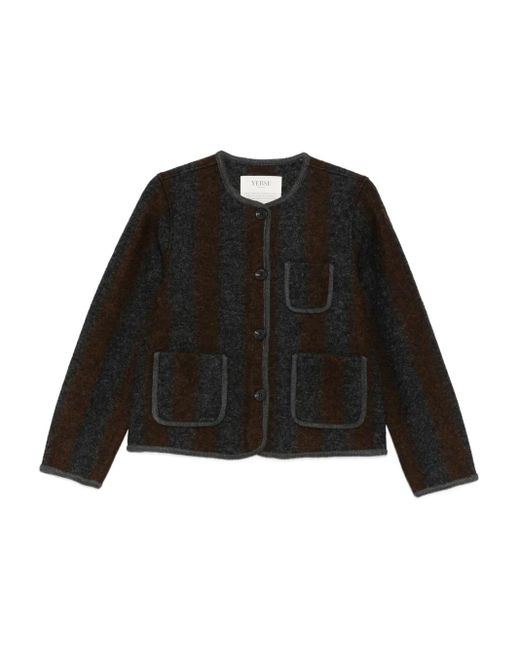 Yerse Black Striped Patch-Pocket Cardigan