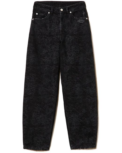 Twinset Blue Distressed Snake-Print Wide-Leg Denim