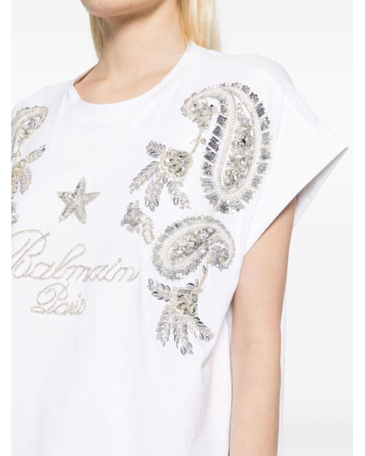 T-shirt en coton à ornements en cristal Balmain en coloris White