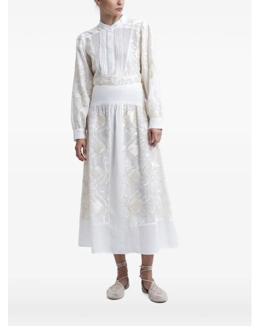 Greek Archaic Kori White Feather-Embroidered A-Line Skirt