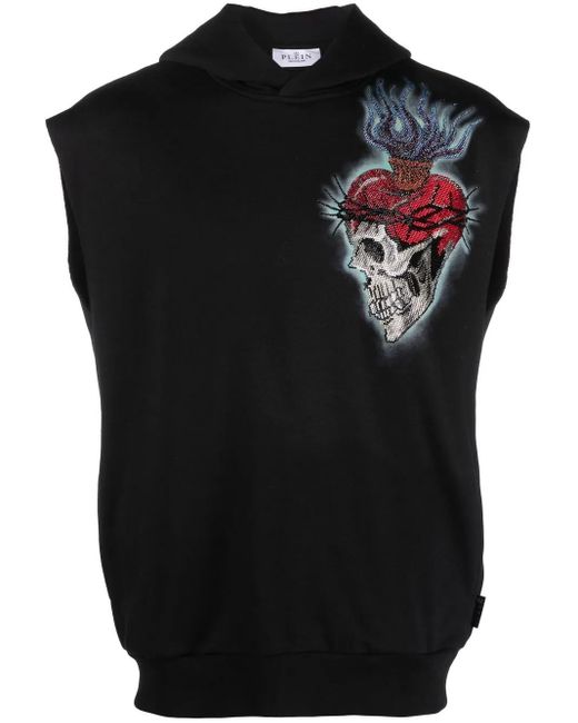 Philipp Plein Black Love Tattoo Sleeveless Hoodie for men
