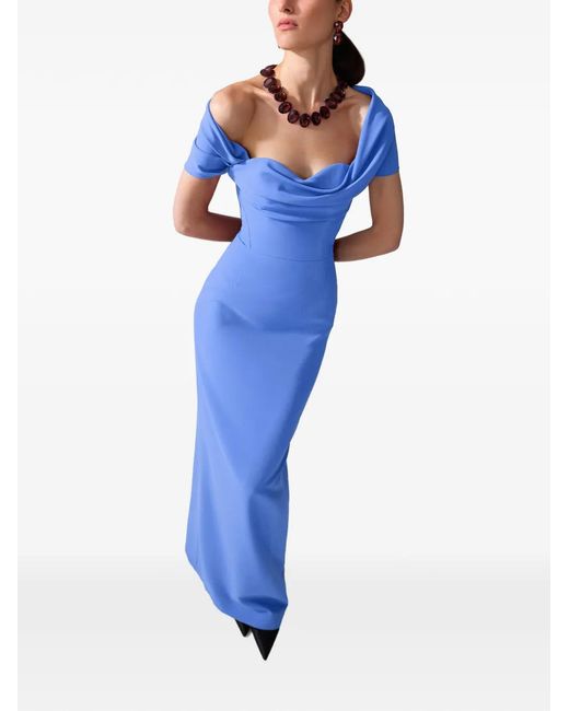 Carolina Herrera Blue Draped Off-Shoulder Column Gown