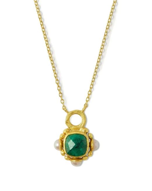 Ottoman Hands Metallic Esther Emerald Pearl Pendant Necklace