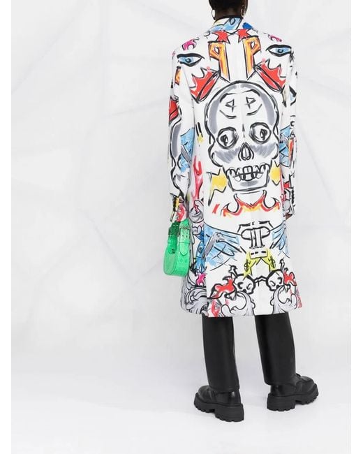 Philipp Plein Blue Agnelli Graffiti-Print Single-Breasted Coat