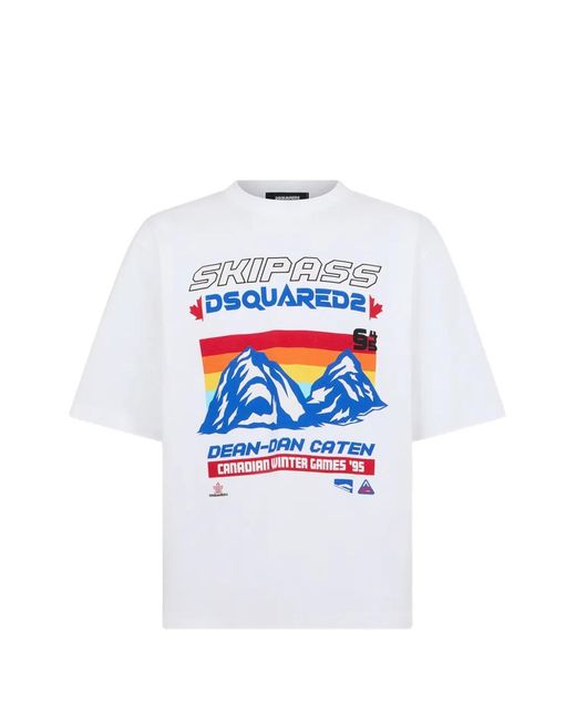 DSquared² White Ski Pass Graphic-Print Loose-Fit Cotton T-Shirt for men