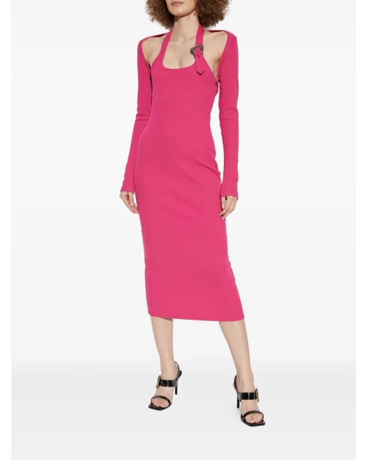 Versace Jeans Couture Pink Baroque-Buckle-Embellished Ribbed Midi Dress