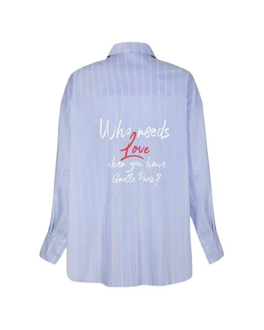 Gaelle Paris Blue Oversized Striped Slogan-Print Shirt