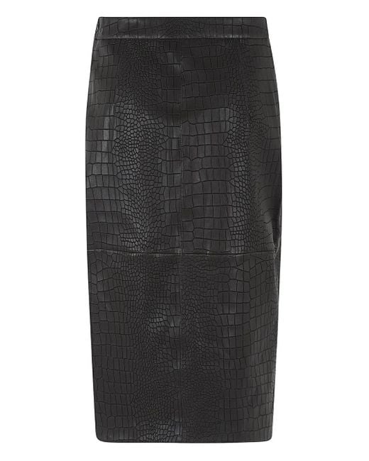 Enes Black Crocodile-Effect Slit Midi Skirt