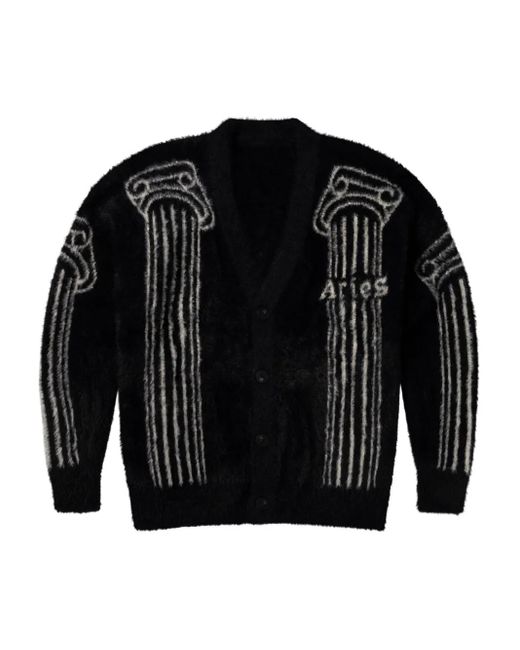Aries Black Column-Intarsia Cardigan