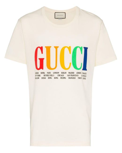 Gucci White Rainbow Cities Print Cotton T Shirt for men