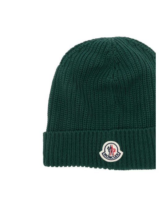 Moncler Green Ribbed Logo-Patch Beanie Hat for men