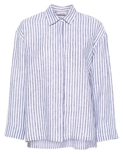 Max Mara Blue Renania Stripe-pattern Linen Shirt