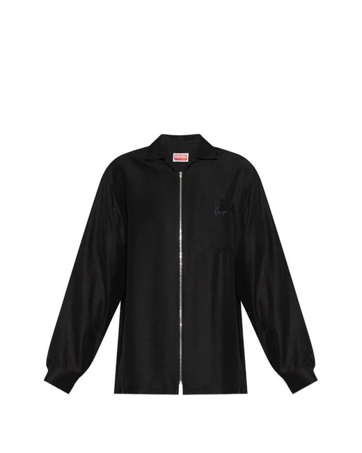 KENZO Black Zip-Up Logo-Embroidered Shirt for men