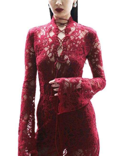 MANURI Red Sally Lace-Up Midi Dress