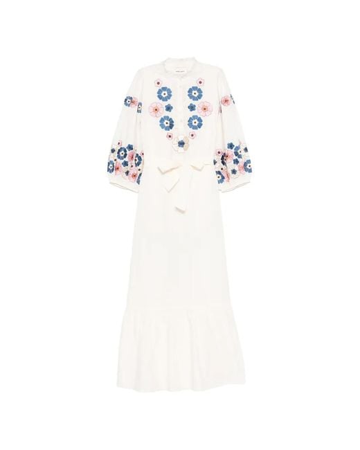 Antik Batik White Amantina Floral-Embroidered Ruffled Dress