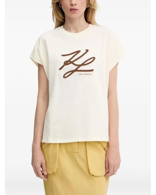Karl Lagerfeld Natural Logo-Embroidered T-Shirt