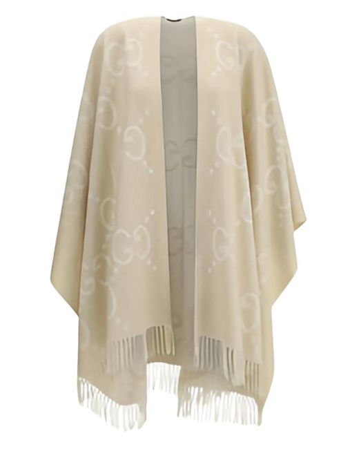 Gucci White Gg-Pattern Fringe Cape