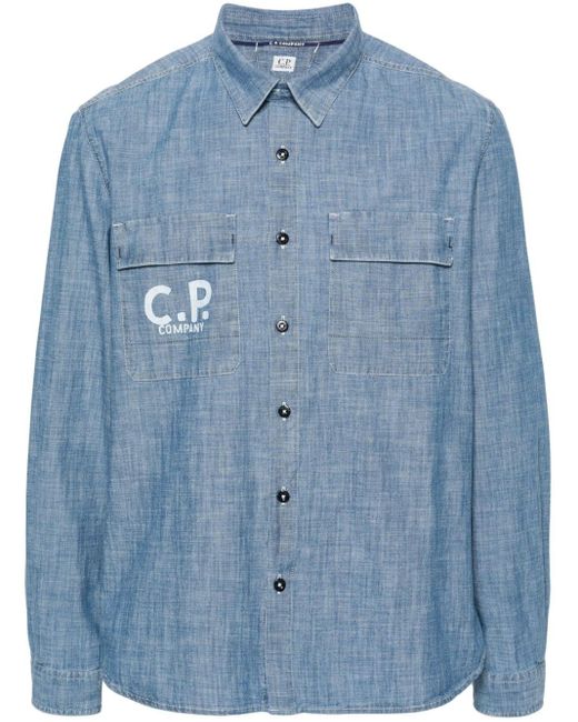 C P Company Blue Logo-print Chambray Shirt for men