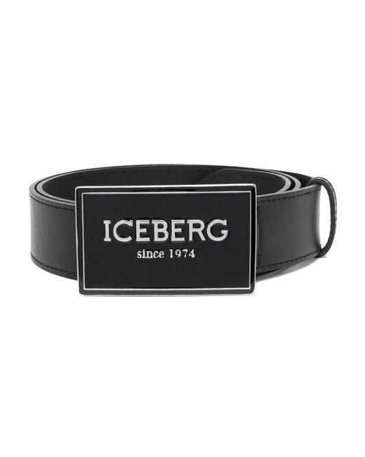 Iceberg Black Logo-Lettering Leather Belt for men