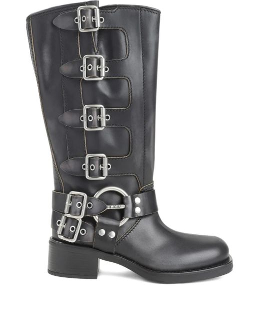Miu Miu Leren Laarzen Met Gespband in het Gray