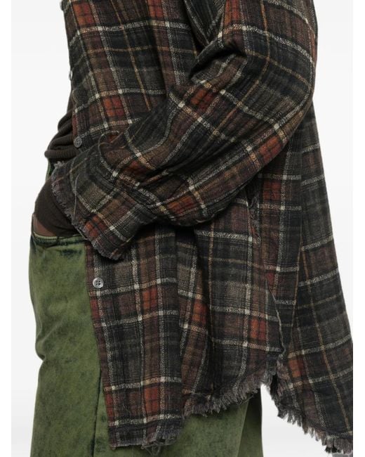 R13 Gray Plaid-Check Distressed-Effect Reversible Cotton Shirt