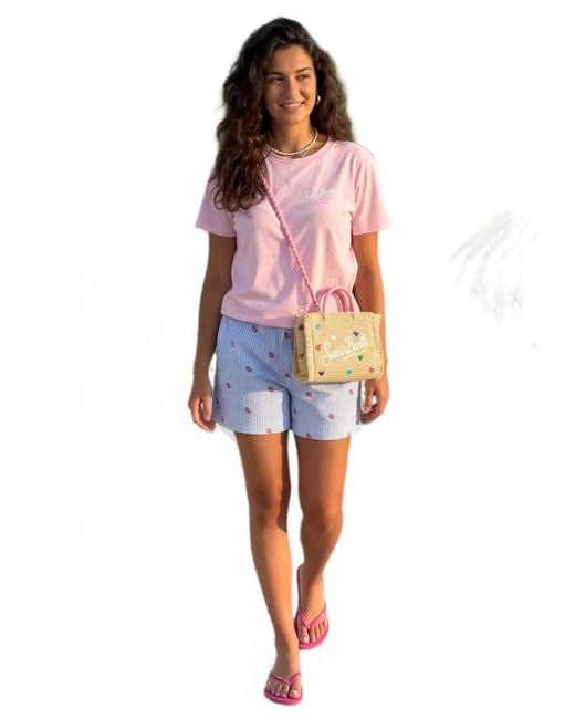 Mc2 Saint Barth Blue Meave Strawberry-Embroidered Seersucker Shorts