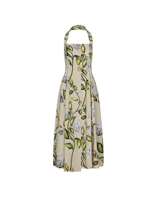 Oscar de la Renta Natural Flower-Print Halter-Neck Midi Dress