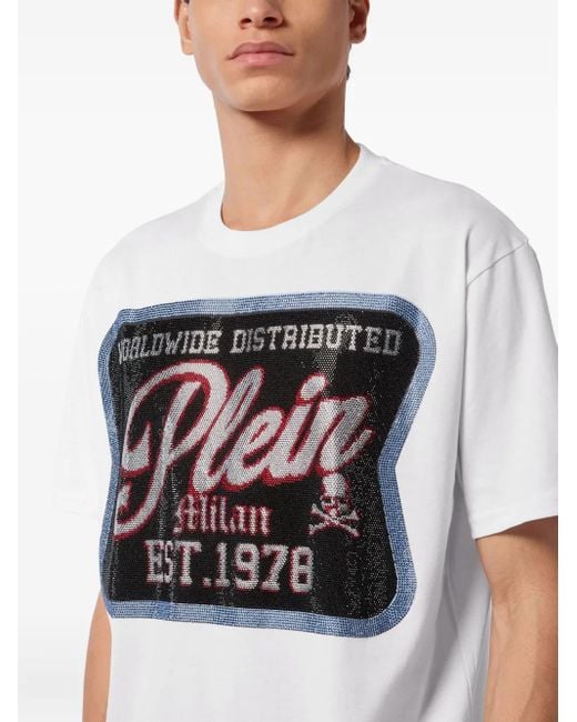 Philipp Plein White Round Neck T-Shirt Patch Plein Milan for men