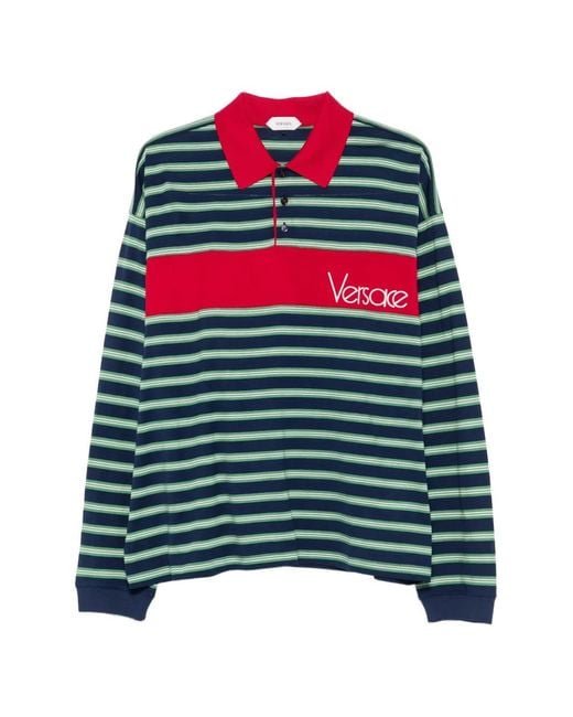 Versace Green Striped Logo-Embroidered Polo Shirt for men
