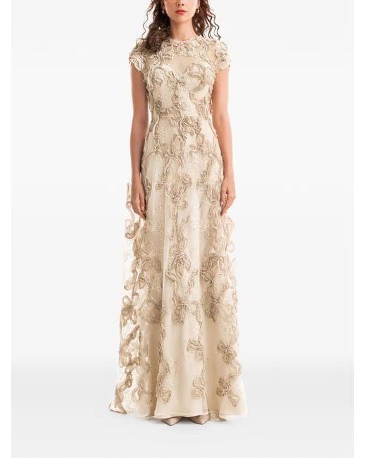 Gemy Maalouf Natural 3D Floral Embroidered Dress