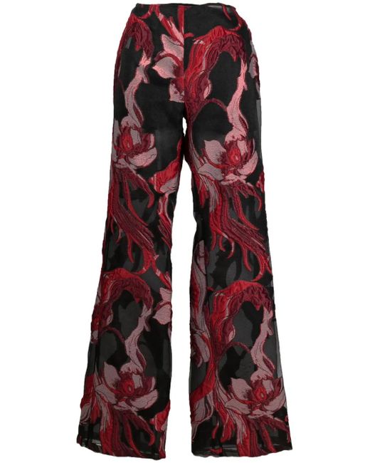 Alberta Ferretti Red Floral-Appliqué Straight-Leg Trousers