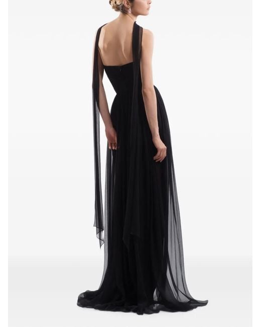 IMROSKA Black Iris Plunging-Neckline Draped Maxi Gown Dress